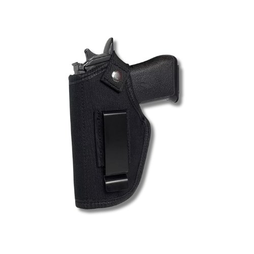 FUNDA PARA PISTOLA DE LONA UNIVERSAL AMBIDIESTRA CON CLIP DE METAL